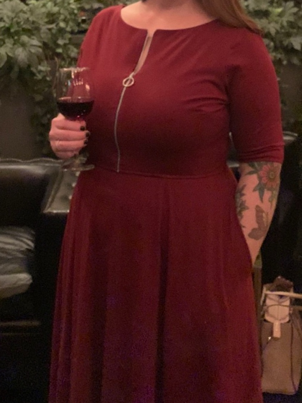 eshakti Burgundy Long Sleeve Maxi Dress w/pockets